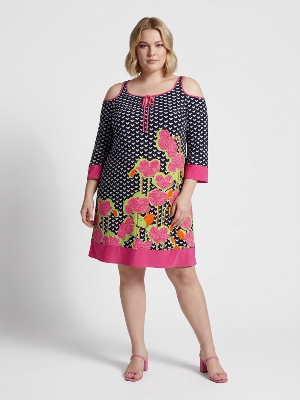 Kaari Blue Navy dress with Hot Pink Floral and Lime Accents